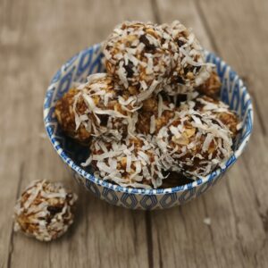 Multiple energy balls in a blue bowl